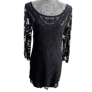 Black Lace Long Sleeve Mini Evening Dress‎ Floral Embroidered Sheath Party Sz M
